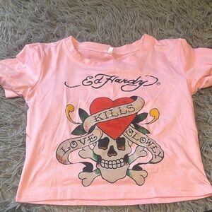 Ed Hardy Pink Kids Tee with Skull and Heart Graphic